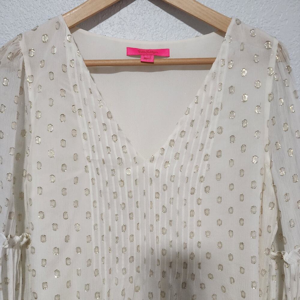 Lilly Pulitzer Ivory Gold Metallic Silk Relaxed Fit Blouse Pleated V-Neck Small - Picture 4 of 10
